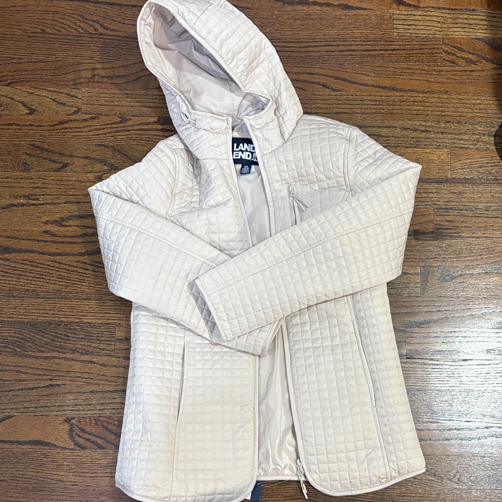 Lands' End Quilted Cream Hooded Jacket